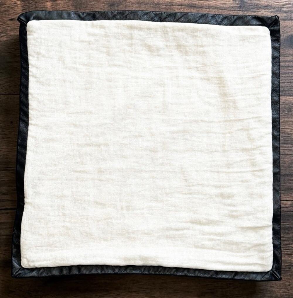 CB2 Kara Mann Tuxedo Throw Pillow Cover 20x20 White Linen Black Leather Trim